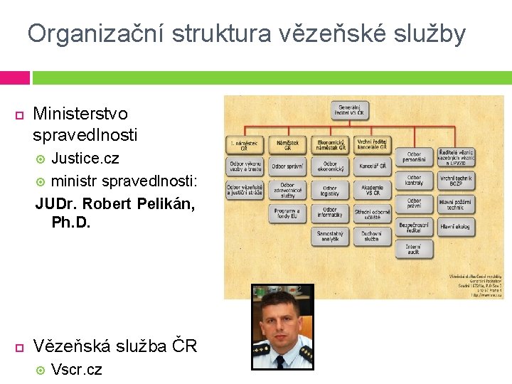Organizační struktura vězeňské služby Ministerstvo spravedlnosti Justice. cz ministr spravedlnosti: JUDr. Robert Pelikán, Ph.