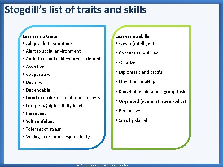Stogdill’s list of traits and skills Leadership traits • Adaptable to situations Leadership skills
