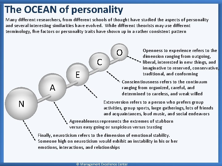 The OCEAN of personality Many different researchers, from different schools of thought have studied