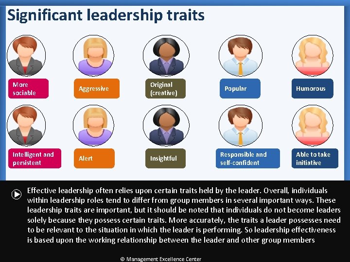 Significant leadership traits More sociable Aggressive Original (creative) Intelligent and persistent Alert Insightful Popular