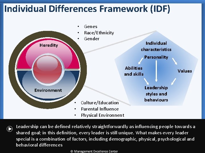Individual Differences Framework (IDF) • Genes • Race/Ethnicity • Gender Individual characteristics Heredity Personality