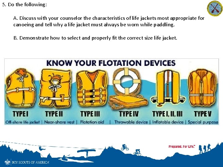 5. Do the following: A. Discuss with your counselor the characteristics of life jackets