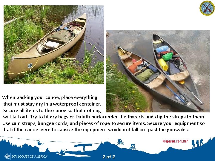 When packing your canoe, place everything that must stay dry in a waterproof container.