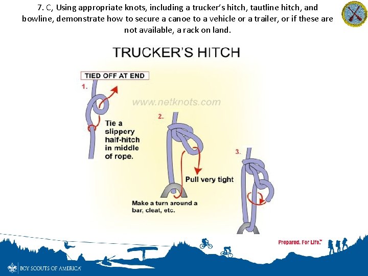 7. C, Using appropriate knots, including a trucker’s hitch, tautline hitch, and bowline, demonstrate
