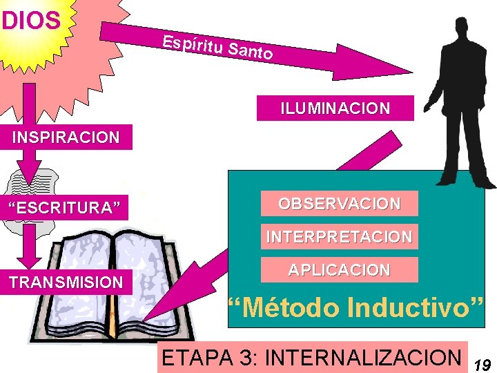 DIOS Espíritu S anto ILUMINACION INSPIRACION “ESCRITURA” OBSERVACION INTERPRETACION TRANSMISION APLICACION “Método Inductivo” ETAPA