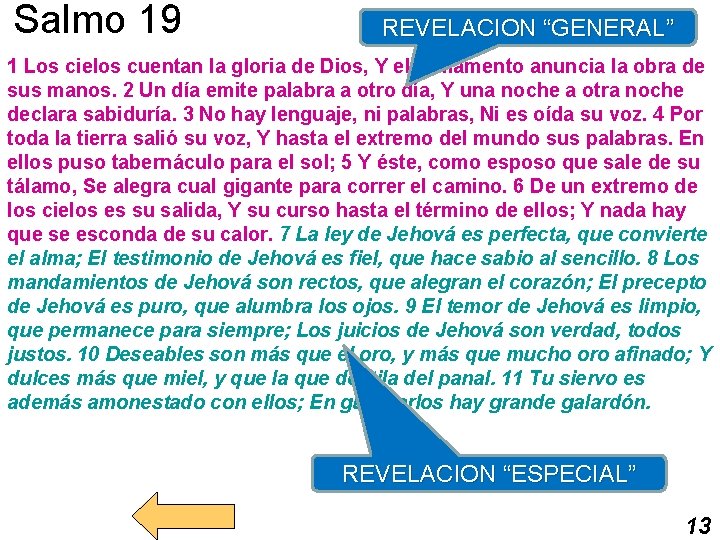 Salmo 19 REVELACION “GENERAL” 1 Los cielos cuentan la gloria de Dios, Y el