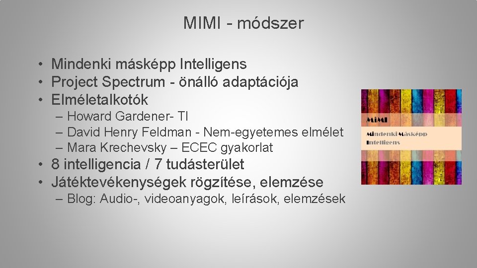 MIMI - módszer • Mindenki másképp Intelligens • Project Spectrum - önálló adaptációja •