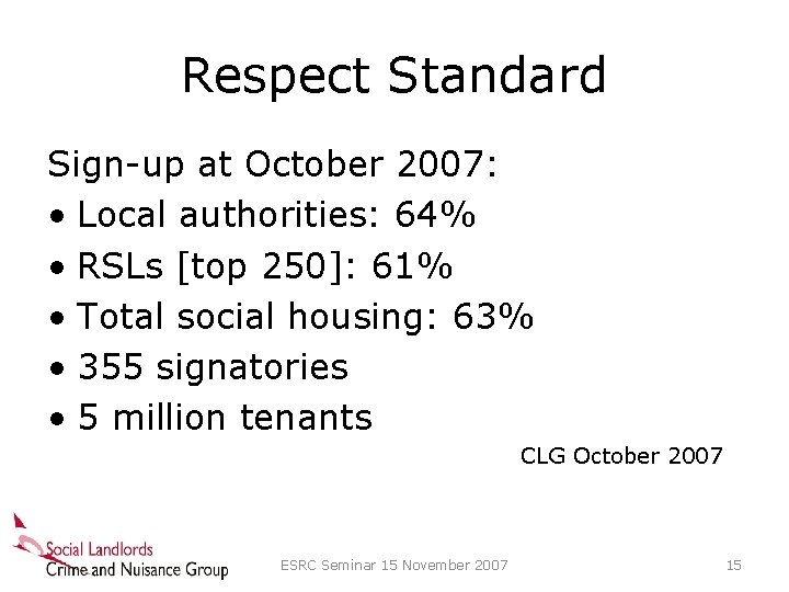 Respect Standard Sign-up at October 2007: • Local authorities: 64% • RSLs [top 250]: