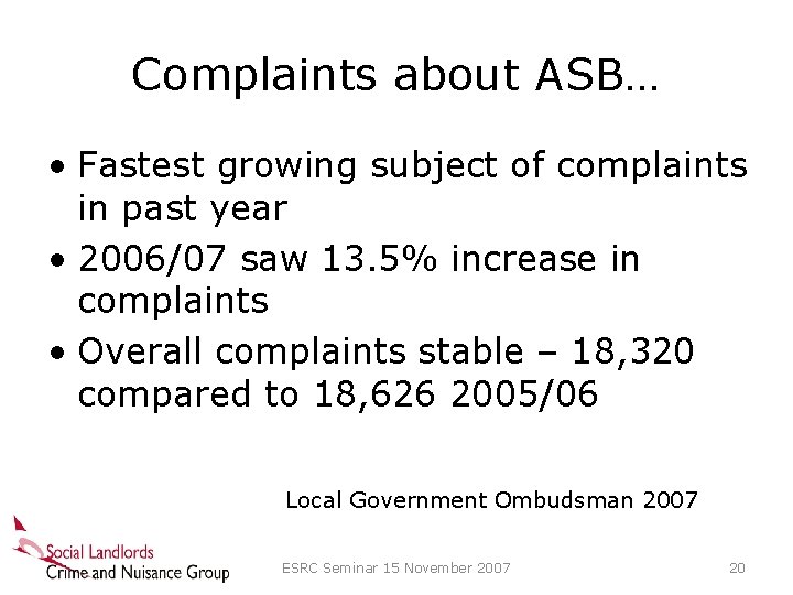 Complaints about ASB… • Fastest growing subject of complaints in past year • 2006/07