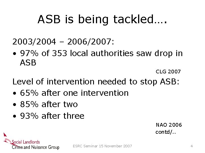 ASB is being tackled…. 2003/2004 – 2006/2007: • 97% of 353 local authorities saw