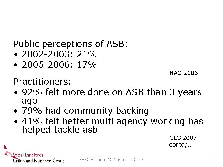 Public perceptions of ASB: • 2002 -2003: 21% • 2005 -2006: 17% NAO 2006