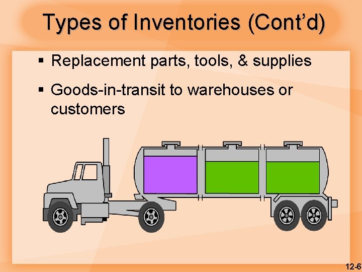 Types of Inventories (Cont’d) § Replacement parts, tools, & supplies § Goods-in-transit to warehouses