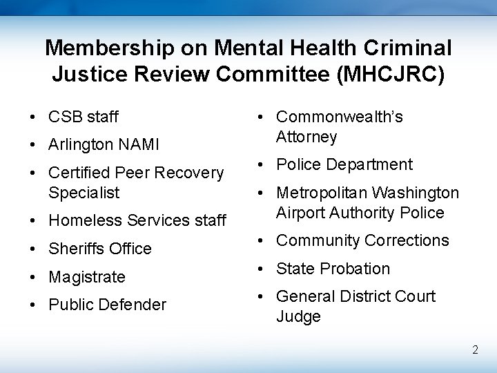 Membership on Mental Health Criminal Justice Review Committee (MHCJRC) • CSB staff • Arlington