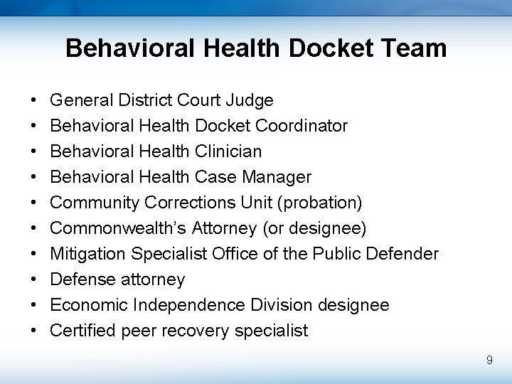 Behavioral Health Docket Team • • • General District Court Judge Behavioral Health Docket