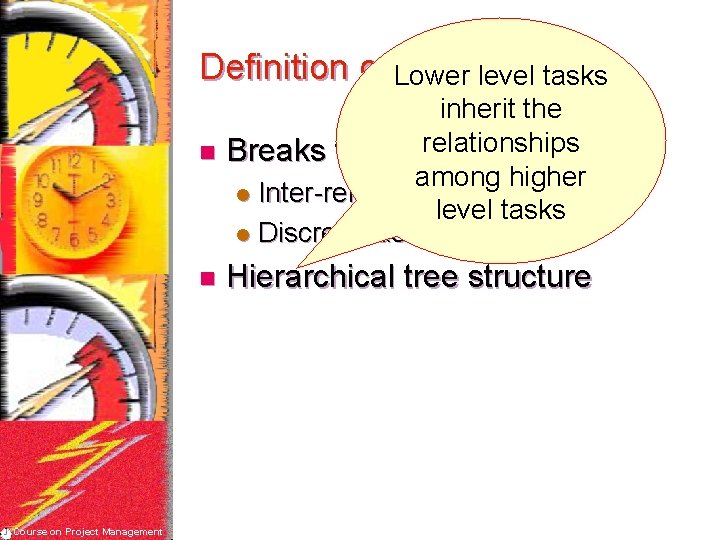 Definition of Lower WBSlevel tasks inherit the relationships n Breaks the project scope among