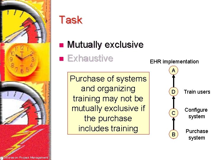 Task Mutually exclusive n Exhaustive n EHR implementation A Purchase of systems and organizing