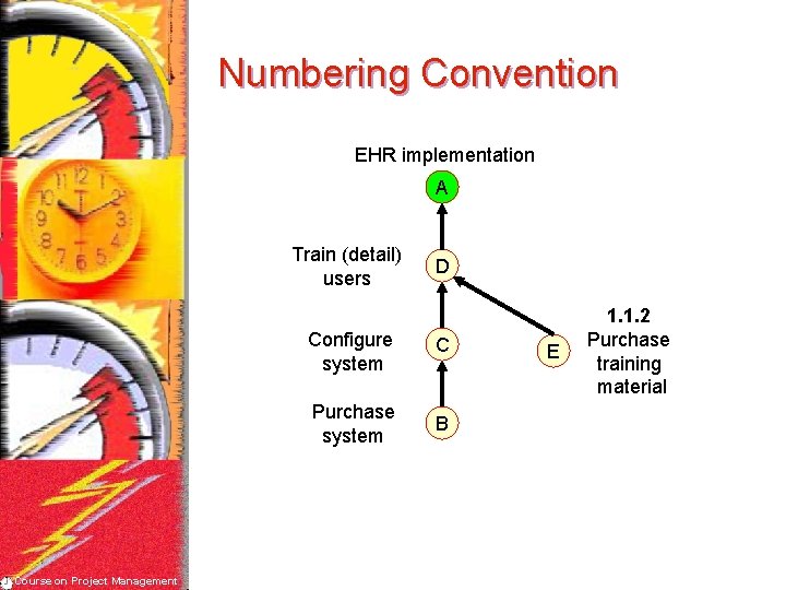 Numbering Convention EHR implementation A Train (detail) users Course on Project Management D Configure
