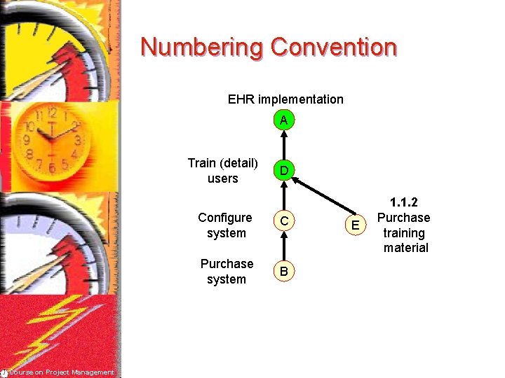 Numbering Convention EHR implementation A Train (detail) users Course on Project Management D Configure