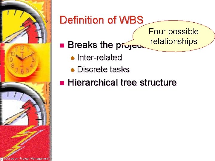 Definition of WBS Four possible relationships n Breaks the project scope l Inter-related l