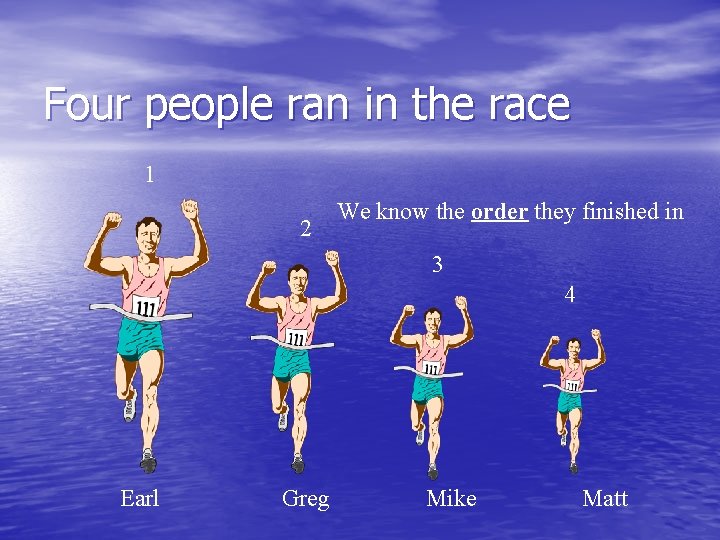 Four people ran in the race 1 2 We know the order they finished