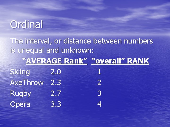 Ordinal The interval, or distance between numbers is unequal and unknown: “AVERAGE Rank” “overall”