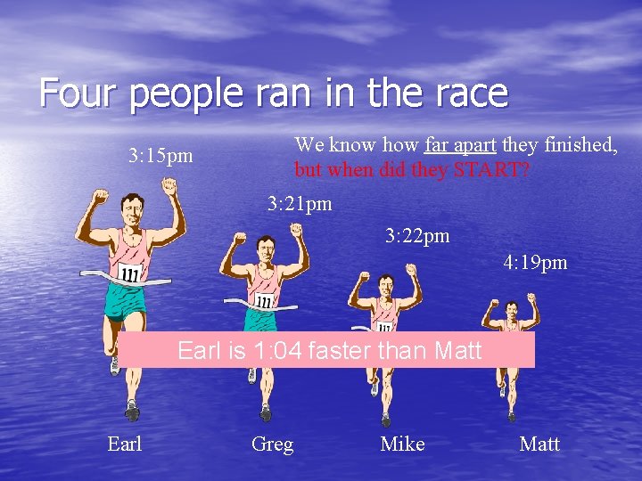 Four people ran in the race We know how far apart they finished, but