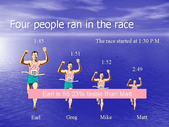 Four people ran in the race 1: 45 The race started at 1: 30