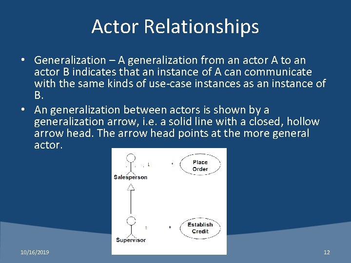 Actor Relationships • Generalization – A generalization from an actor A to an actor