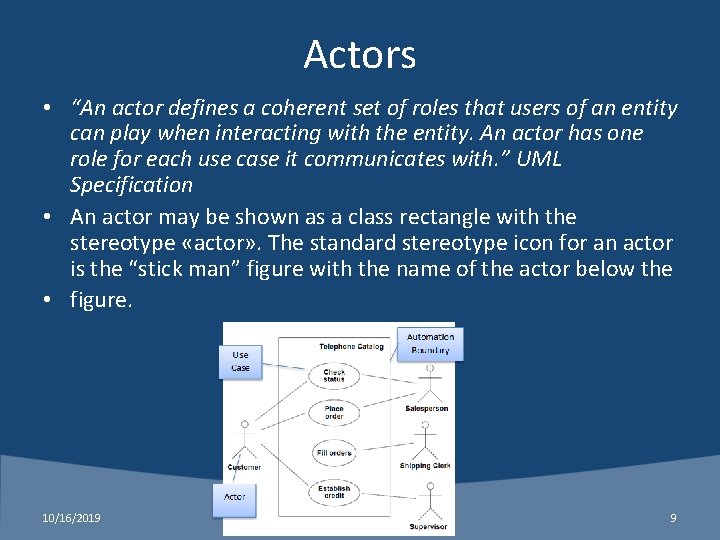 Actors • “An actor defines a coherent set of roles that users of an