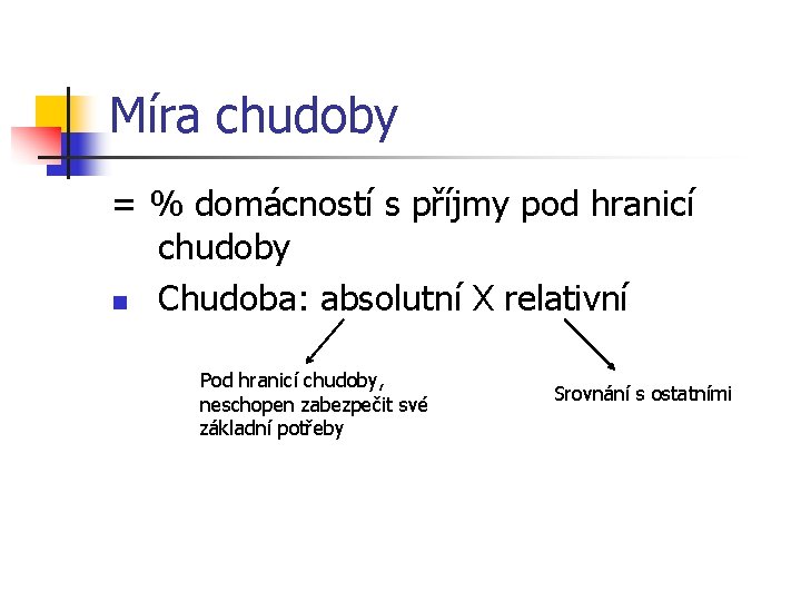 Míra chudoby = % domácností s příjmy pod hranicí chudoby n Chudoba: absolutní X