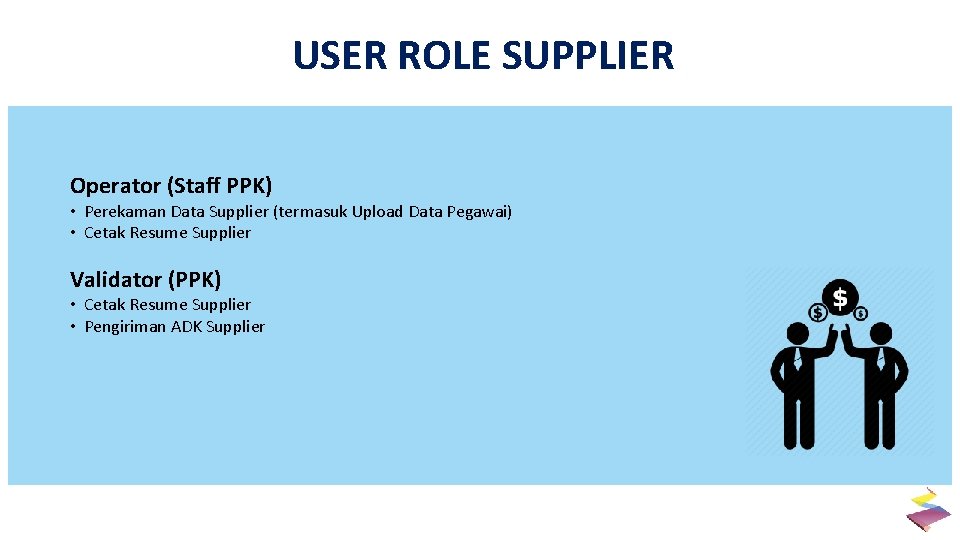 USER ROLE SUPPLIER Operator (Staff PPK) • Perekaman Data Supplier (termasuk Upload Data Pegawai)