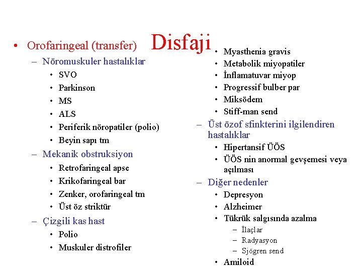  • Orofaringeal (transfer) – Nöromuskuler hastalıklar • • • SVO Parkinson MS ALS