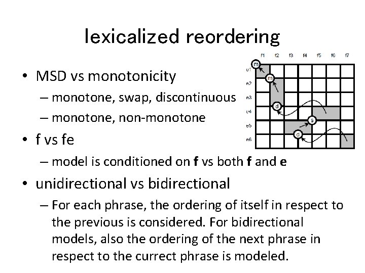 lexicalized reordering • MSD vs monotonicity – monotone, swap, discontinuous – monotone, non-monotone •