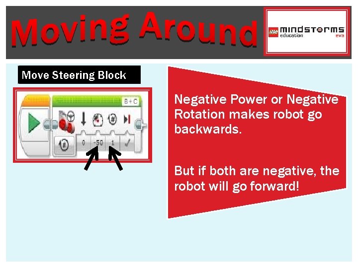 Move Steering Block Negative Power or Negative Rotation makes robot go backwards. But if