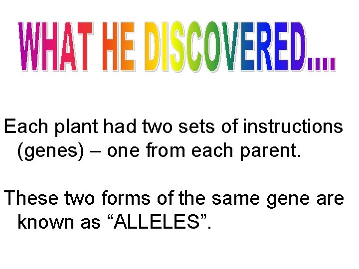 Each plant had two sets of instructions (genes) – one from each parent. These