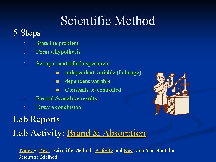 5 Steps 1. 2. 3. 4. 5. Scientific Method State the problem Form a