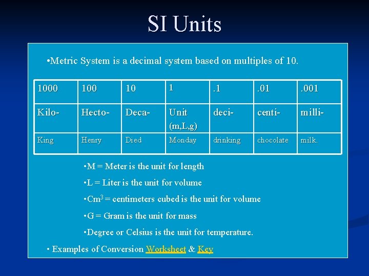 SI Units • Metric System is a decimal system based on multiples of 10.