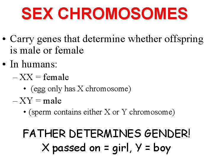 SEX CHROMOSOMES • Carry genes that determine whether offspring is male or female •