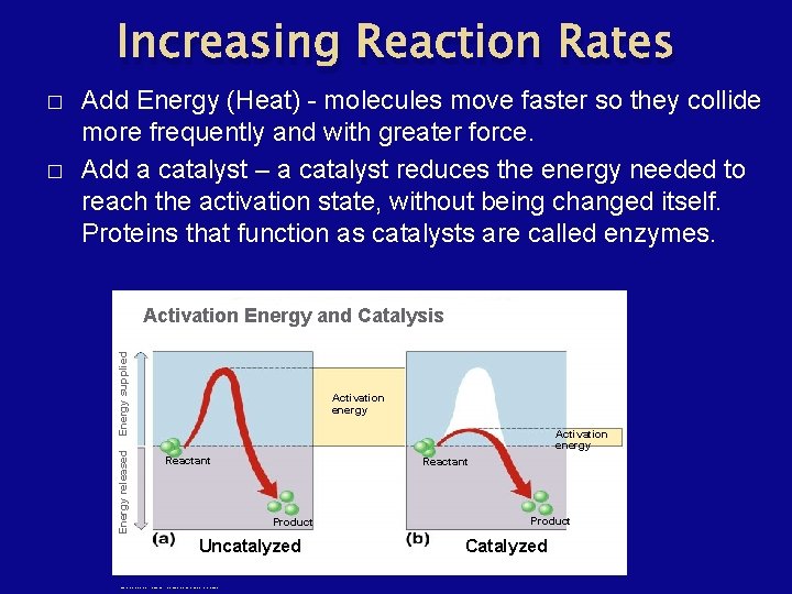 Increasing Reaction Rates Activation Energy and Catalysis Energy supplied � Add Energy (Heat) -