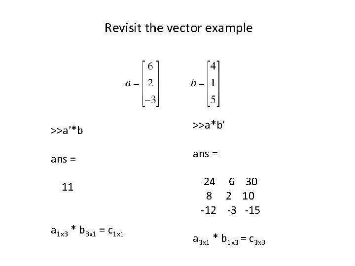 Revisit the vector example >>a'*b >>a*b’ ans = 11 24 6 30 8 2