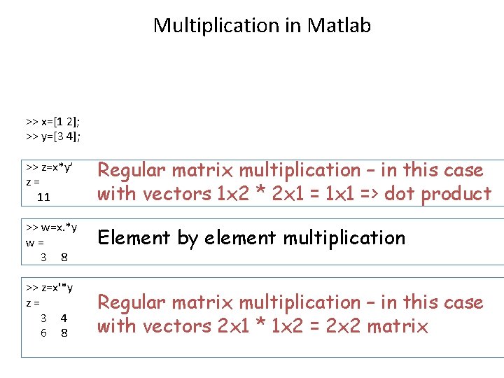 Multiplication in Matlab >> x=[1 2]; >> y=[3 4]; >> z=x*y’ z = 11