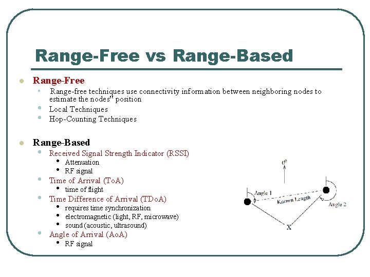Range-Free vs Range-Based l Range-Free • • • l Range-free techniques use connectivity information