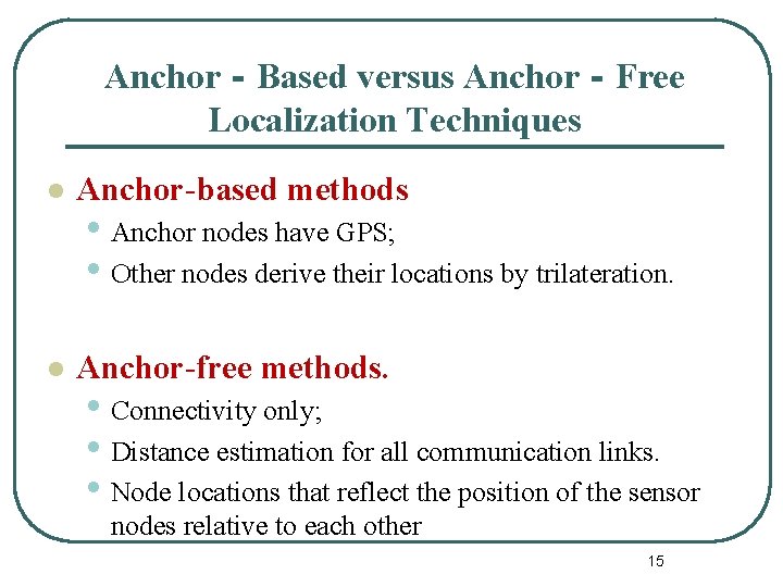 Anchor‐Based versus Anchor‐Free Localization Techniques l Anchor-based methods l Anchor-free methods. • Anchor nodes