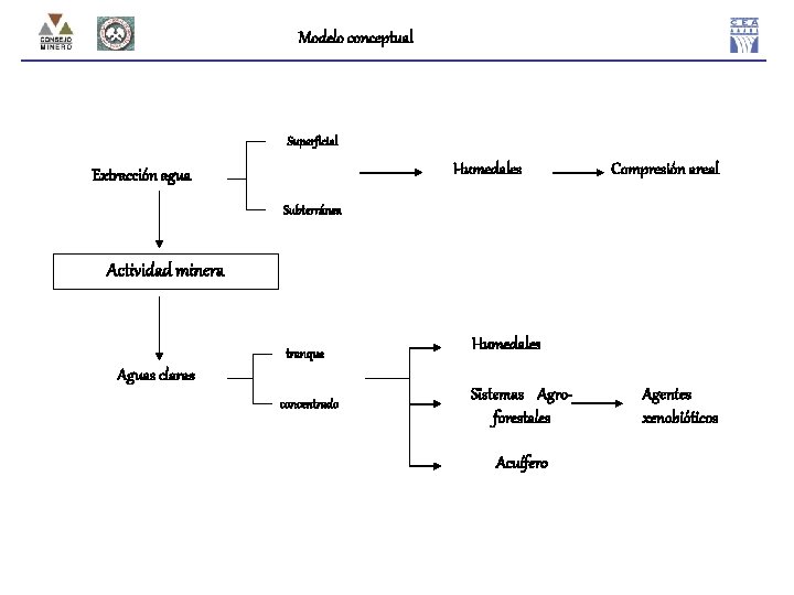 Modelo conceptual Superficial Humedales Extracción agua Compresión areal Subterránea Actividad minera tranque Aguas claras