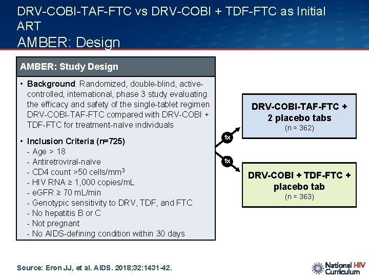 DRV-COBI-TAF-FTC vs DRV-COBI + TDF-FTC as Initial ART AMBER: Design AMBER: Study Design •