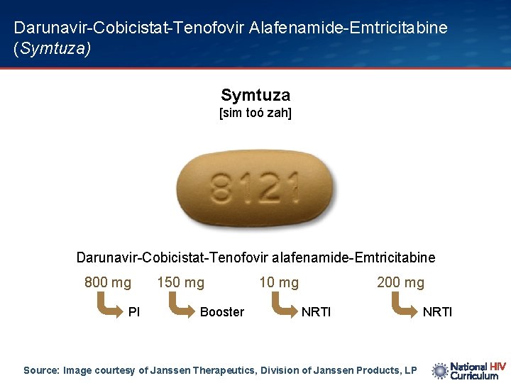 Darunavir-Cobicistat-Tenofovir Alafenamide-Emtricitabine (Symtuza) Symtuza [sim toó zah] Darunavir-Cobicistat-Tenofovir alafenamide-Emtricitabine 800 mg PI 150 mg