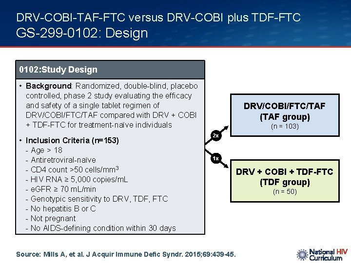 DRV-COBI-TAF-FTC versus DRV-COBI plus TDF-FTC GS-299 -0102: Design 0102: Study Design • Background: Randomized,