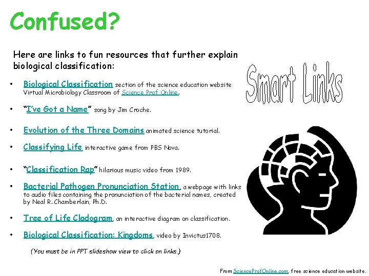 Confused? Here are links to fun resources that further explain biological classification: • Biological