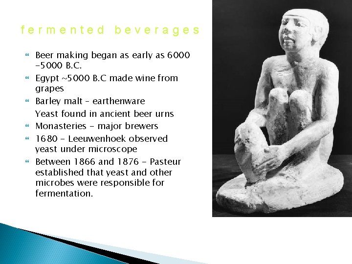 fermented beverages Beer making began as early as 6000 -5000 B. C. Egypt ~5000