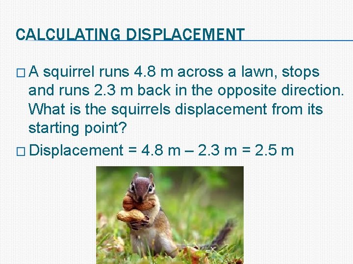 CALCULATING DISPLACEMENT �A squirrel runs 4. 8 m across a lawn, stops and runs